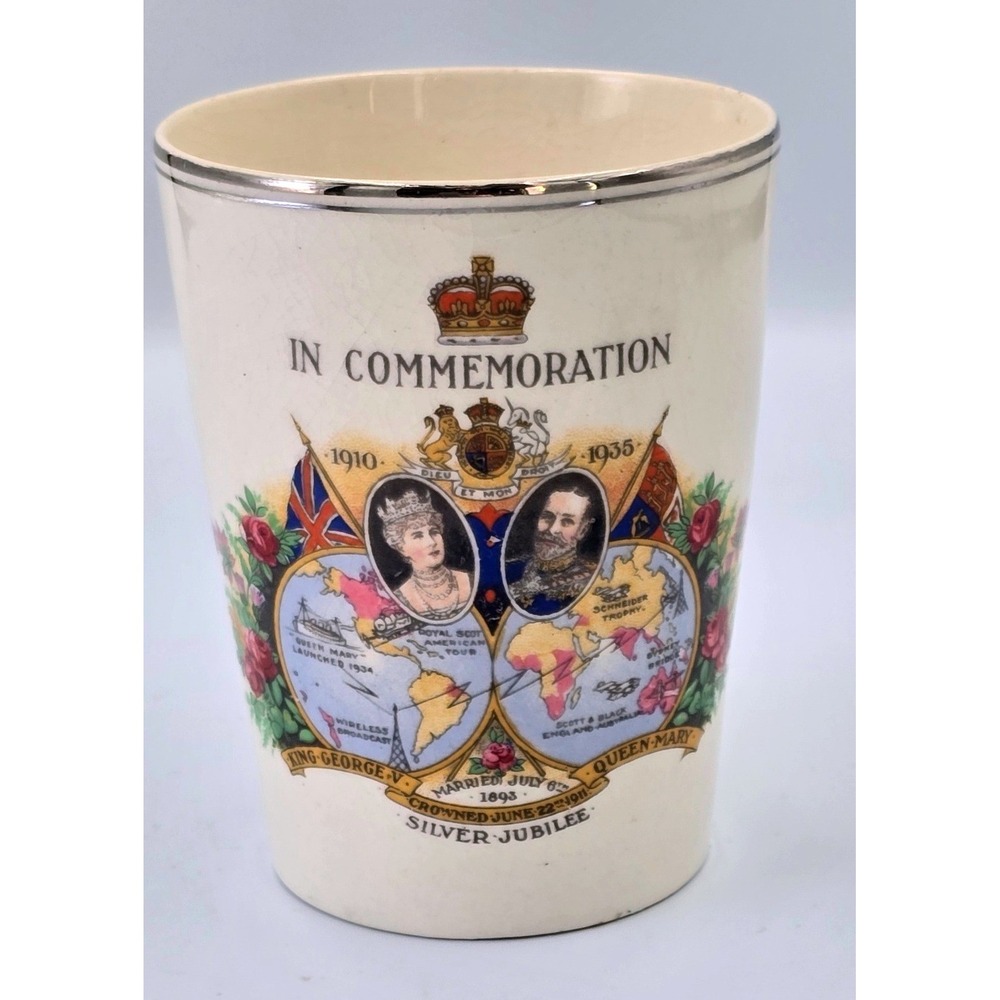 VTG Crown Devon 1935‎ King George Queen Mary Silver Jubilee WORLD MAP Cup Beaker